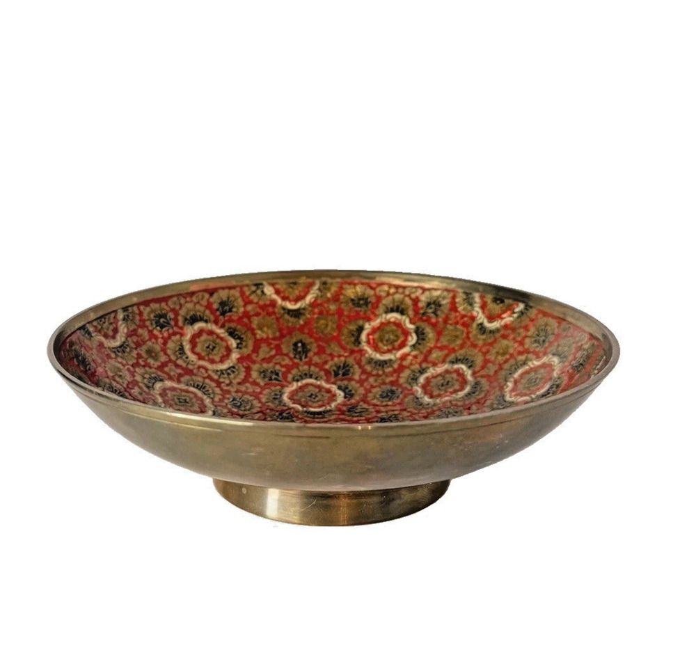 Vintage Enamel Brass Bowl Red Floral Patterned Pedestal 5"